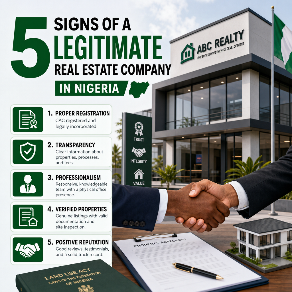Infographic on 5 signs of a legitimate real estate company in Nigeria: registration, transparency, professionalism, verified