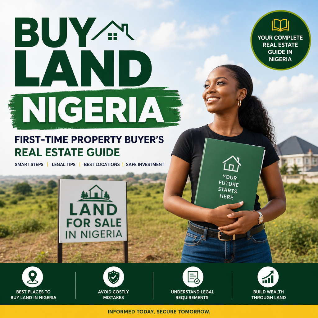 Young woman holding a real estate guide beside a "Land for Sale in Nigeria" sign in a field