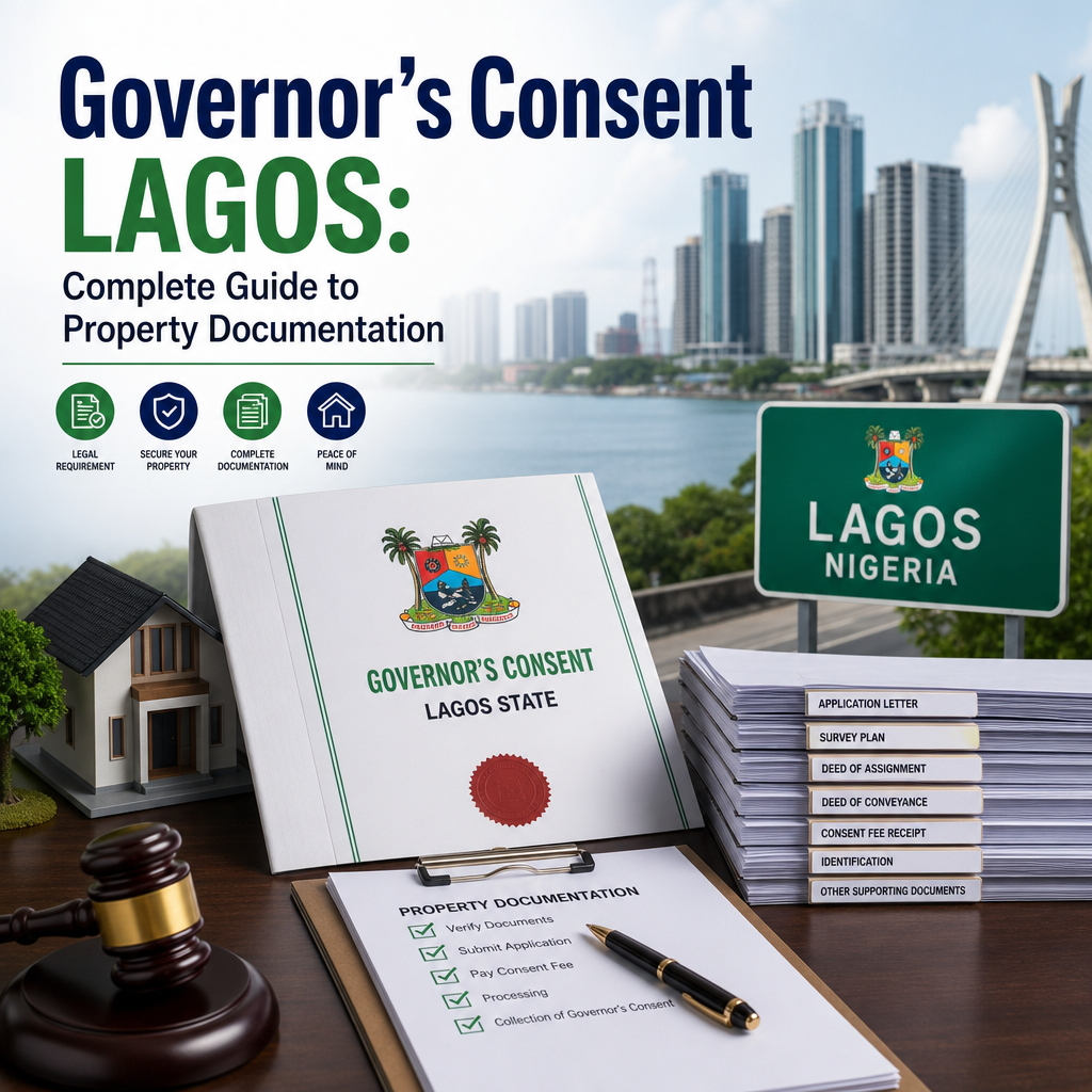 Illustration of Governor’s Consent property documentation guide for Lagos, Nigeria, with land title verification themes