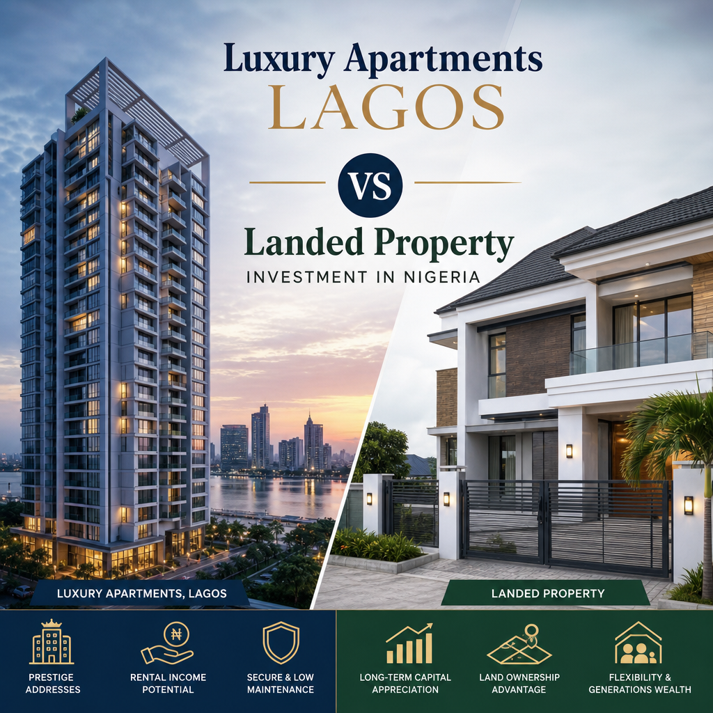 Luxury Lagos apartments compared with landed property investment in Nigeria, showing two real estate options.