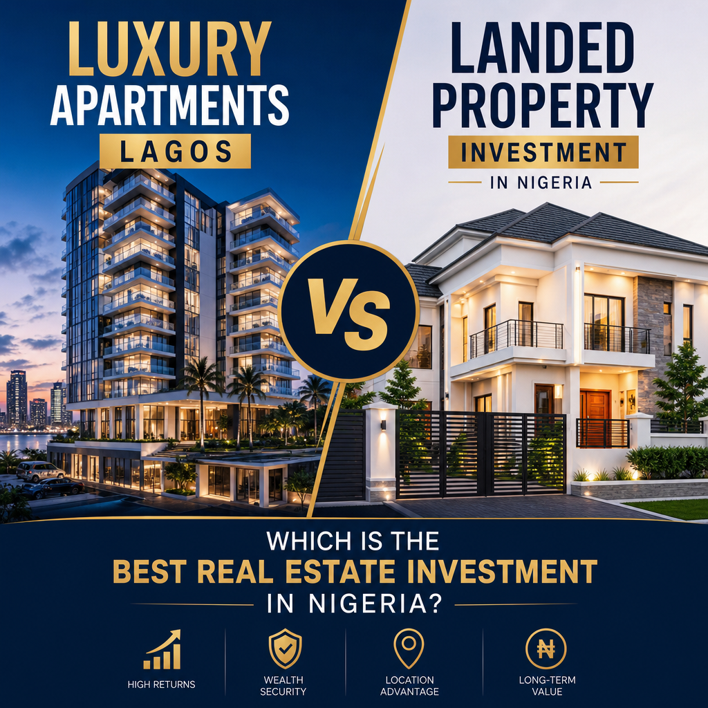 Luxury apartments and landed property in Lagos compared as top real estate investment options in Nigeria