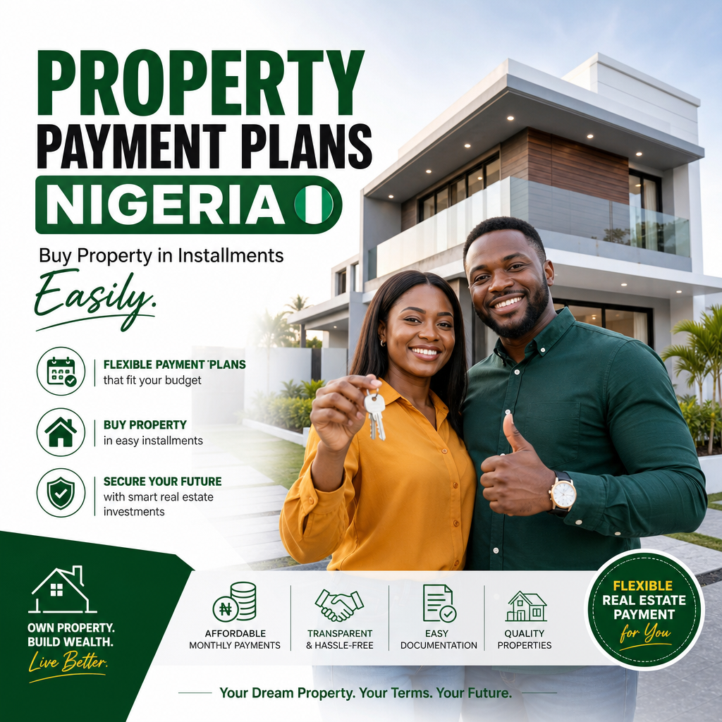Happy Nigerian couple holding house keys, promoting flexible property payment plans for buying property in installments.