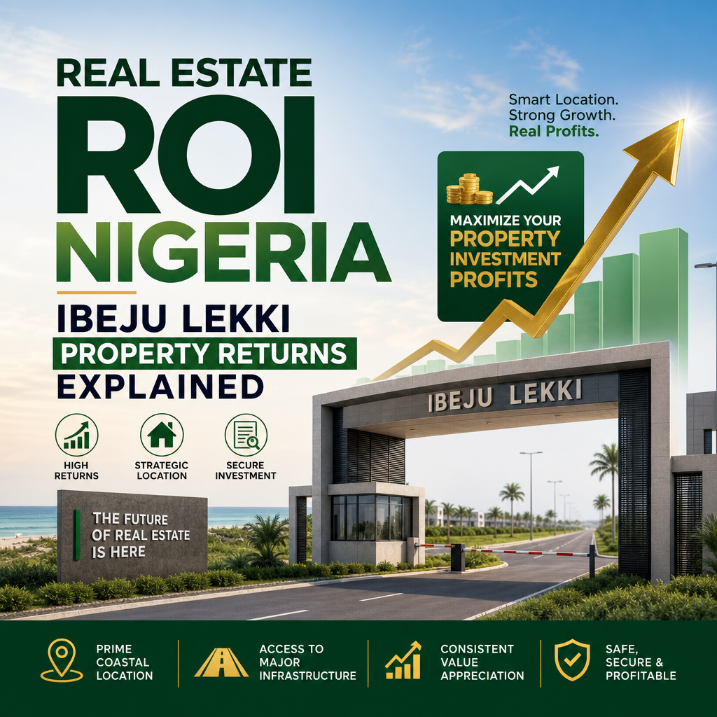 Ibeju Lekki real estate ROI graphic showing high returns, strategic location, and secure property investment in Nigeria